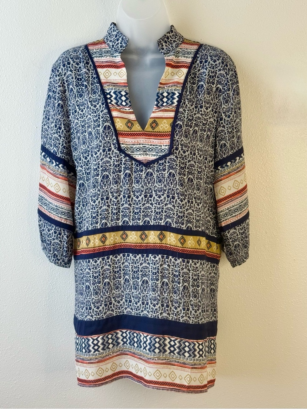 THML Navy Mixed Print Boho Tunic Mini Dress Size Small